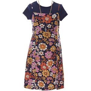 NEW Rare Editions 3pc Floral Printed Dress Set Navy Tee Necklace Girls Size 14